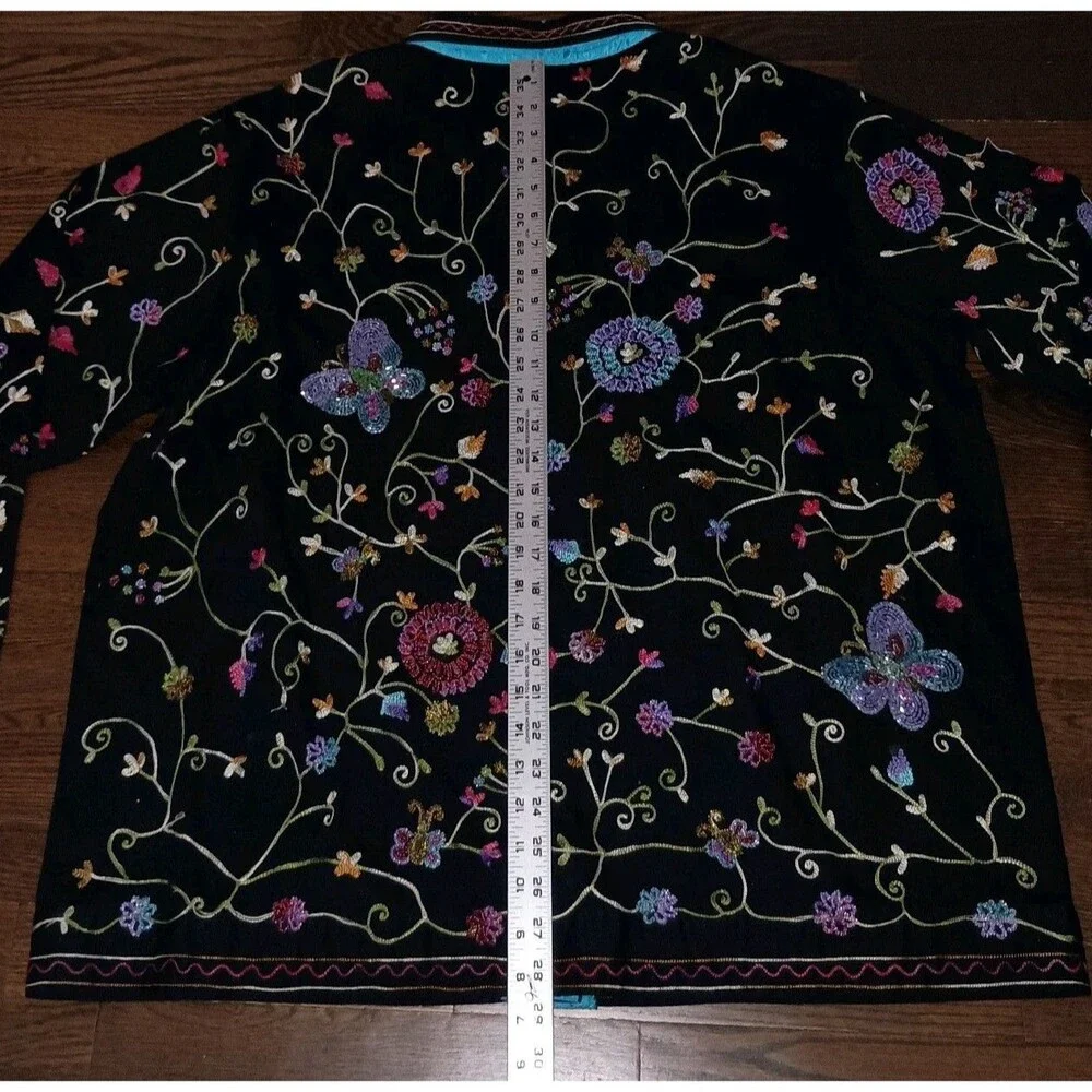 Quacker Factory Jacket Womens 1X 3/4 Sleeve Floral Butterfly Beaded Embellished